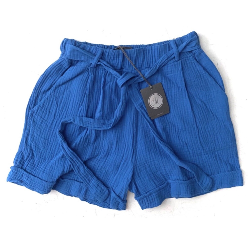 M Made in Italy Blue Cotton Gauze Cuffed Tie Waist Shorts